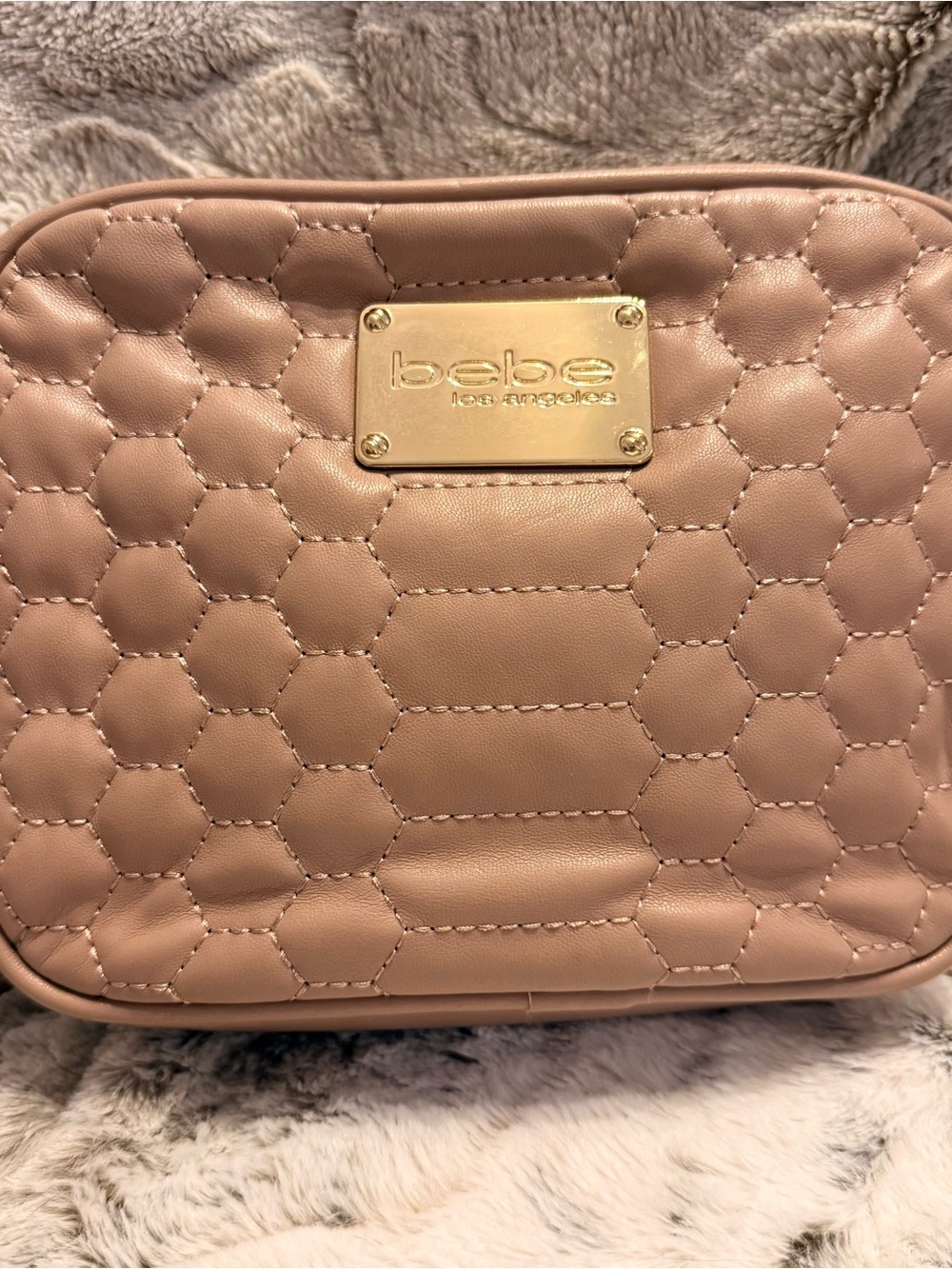 bebe Quilted Honeycomb Taupe Crossbody with Gold Plaque in Excellent Condition